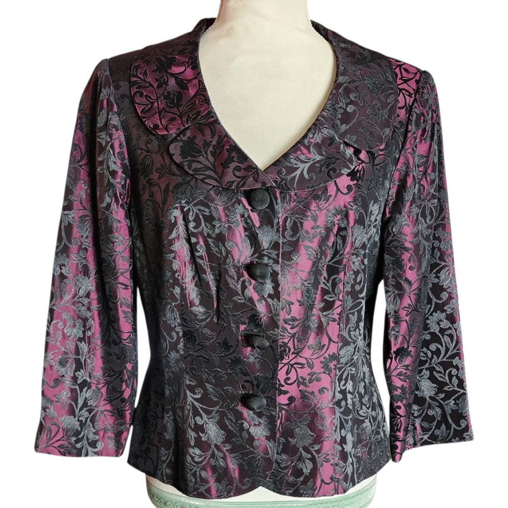 Maggy London Y2K Size 10 Brocade Jacket Floral Magenta Black 3/4 Sleeve Blazer